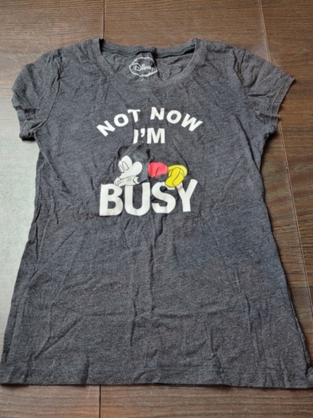 Disney Gray Tee with Mickey 'Not Now I'm Busy' Graphic Med